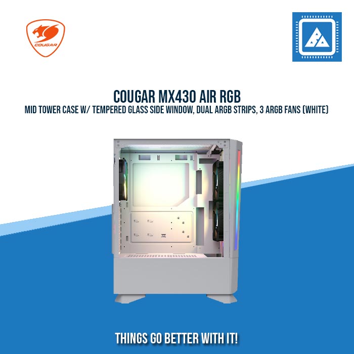 COUGAR MX430 AIR RGB MID TOWER CASE W/ TEMPERED GLASS SIDE WINDOW, DUAL ARGB STRIPS, 3 ARGB FANS (WHITE) COUGAR MX430 AIR RGB MID TOWER CASE W/ TEMPERED GLASS SIDE WINDOW, DUAL ARGB STRIPS, 3 ARGB FANS (WHITE)